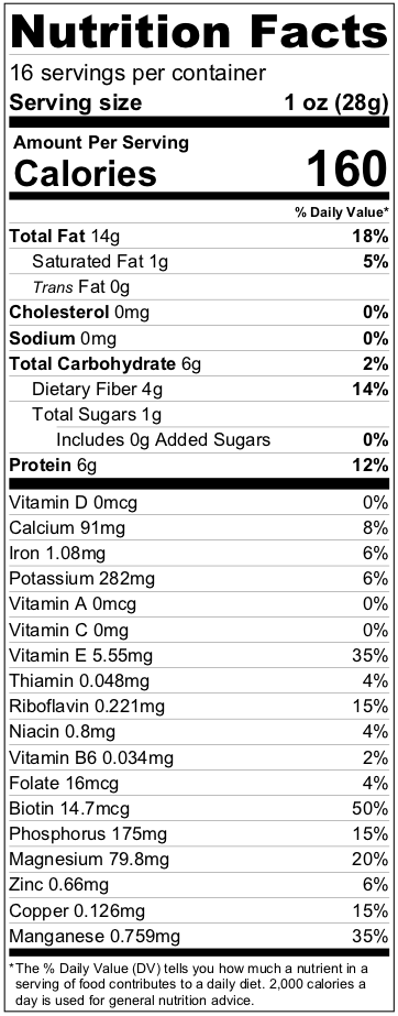 True California Organic Natural Unsalted Shelled Almonds Nutrition Facts for a 1LB Package