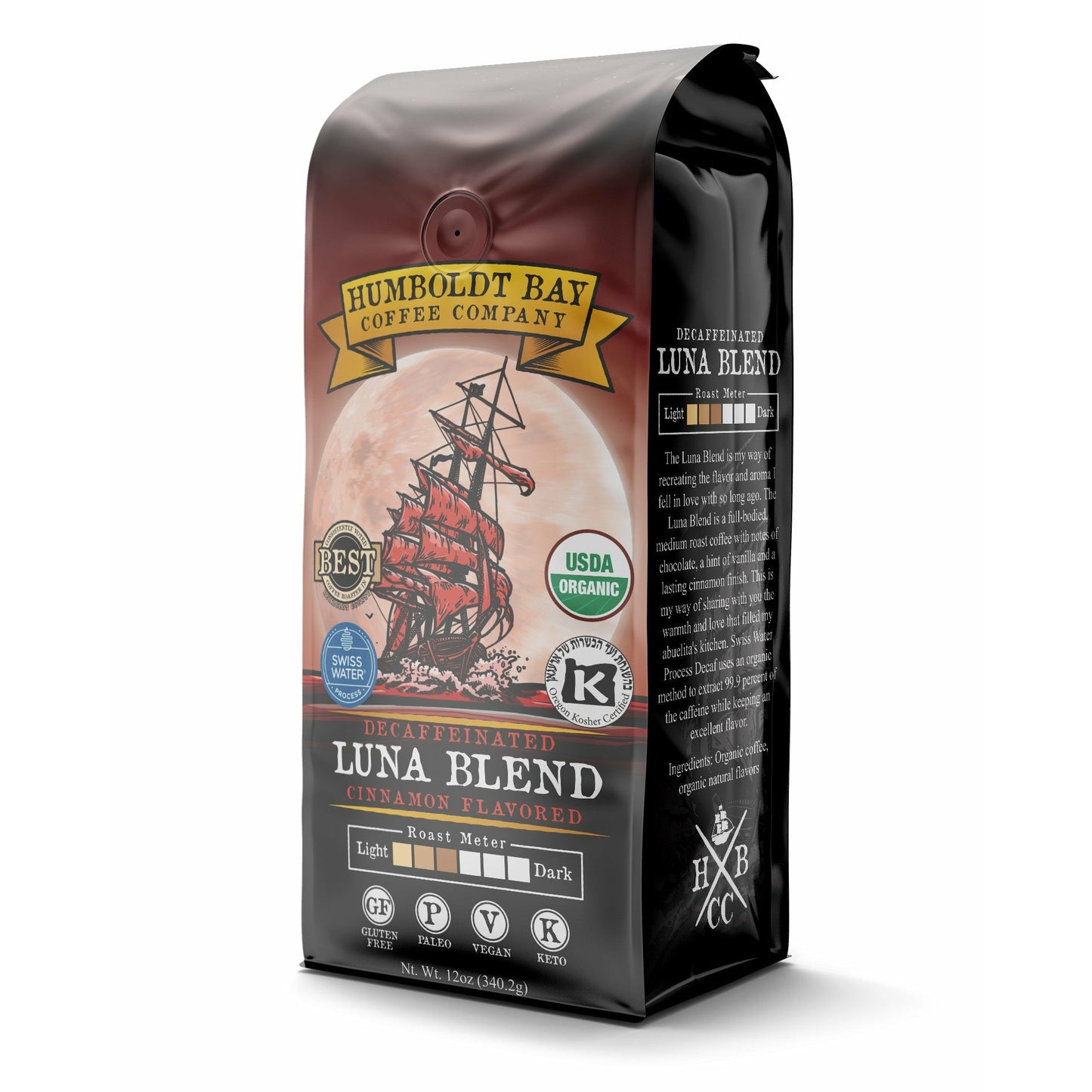 Organic Decaffeinated Luna Blend cafe con canela