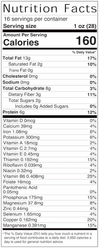 True California Organic Raw Natural Pistachios Nutrition Facts for 1LB Package