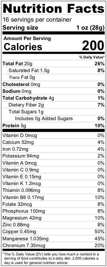 True California Organic Raw Natural Walnuts Nutrition Facts for a 1LB package