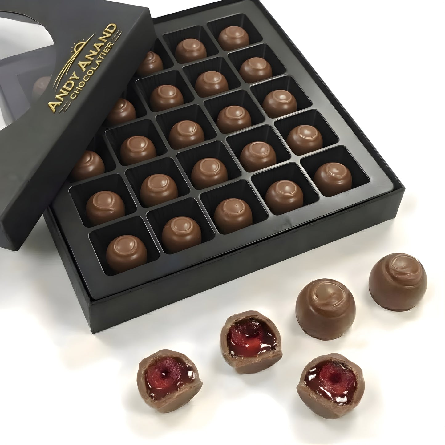 Andy Anand Sugar-Free Belgian Dark Chocolate Cherry Cordials, 25 pc – Plant-Based, Liquid Center, Diabetic-Friendly, Birthday Gift Box