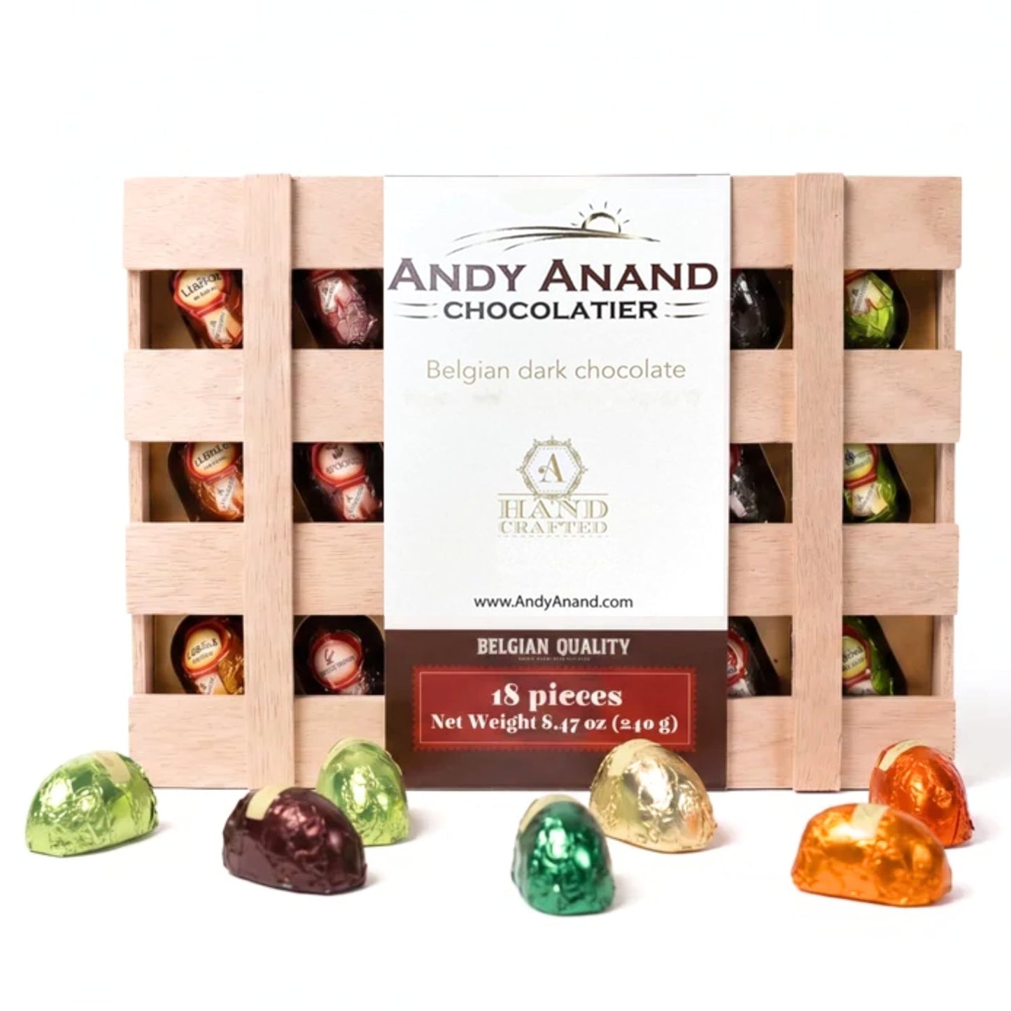 Andy Anand European Dark Chocolate Bottles with Non-Alcoholic Cordials, 18 pc, 8.74 oz – Wooden Gift Box, Birthday & Holiday Gourmet Gift