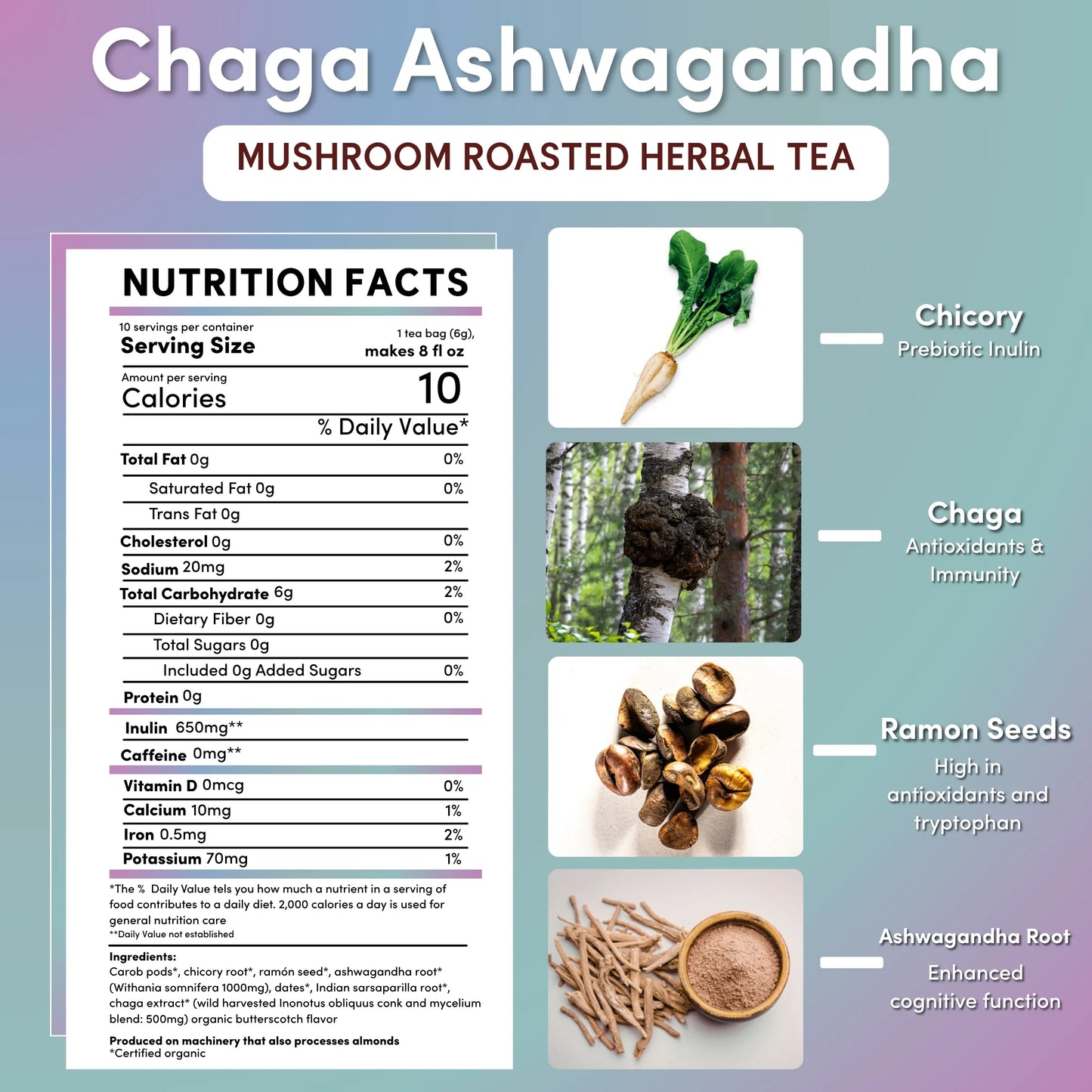 Chaga Ashwagandha Butterscotch Cream Mushroom Herbal Tea