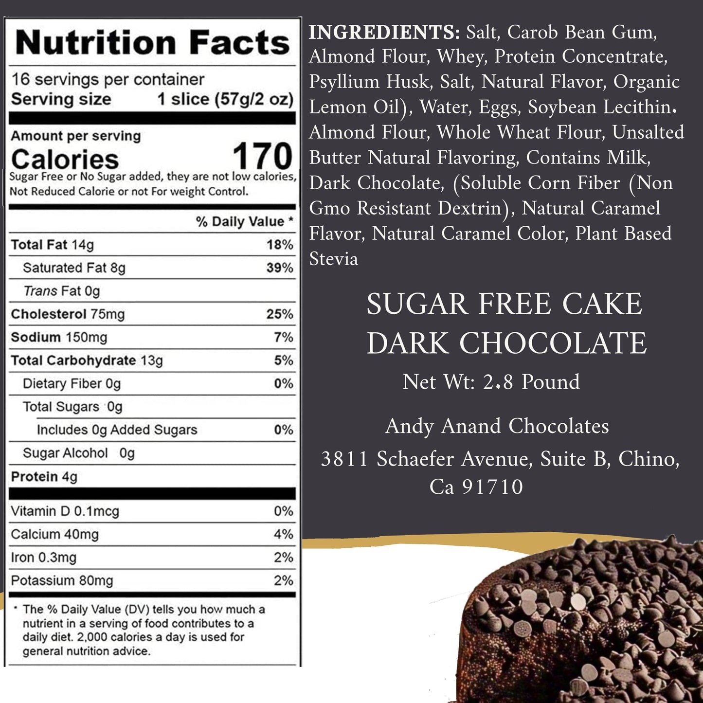Andy Anand Sugar-Free Dark Chocolate Chip Cake, 9-Inch, 2.8 lb – Diabetic-Friendly, No Preservatives, Gourmet Perfectly Boxed Birthday Gift
