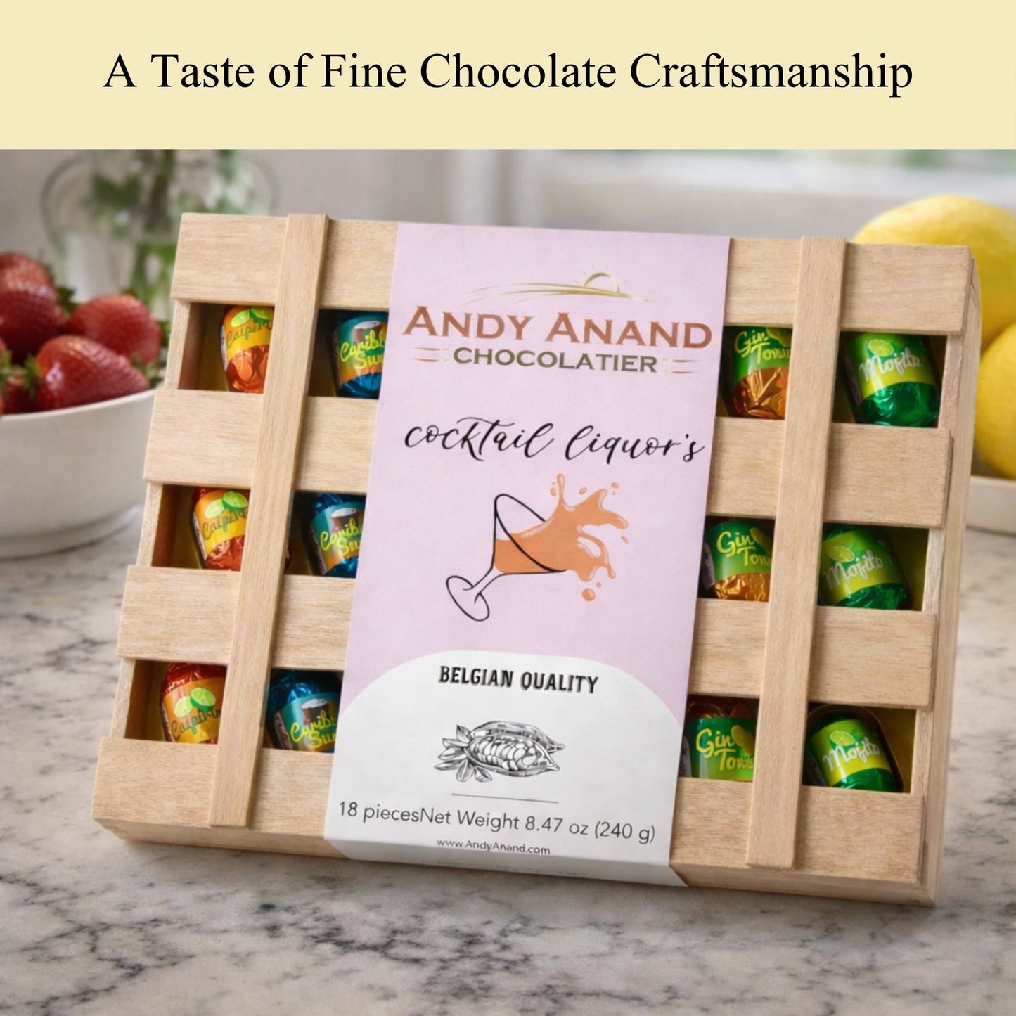 Andy Anand European Cocktail-Flavored Dark Chocolate Bottles, 18 pc, 11.5 oz – Mojito, Limoncello & Gin Tonic, Vegan Birthday Gift Box