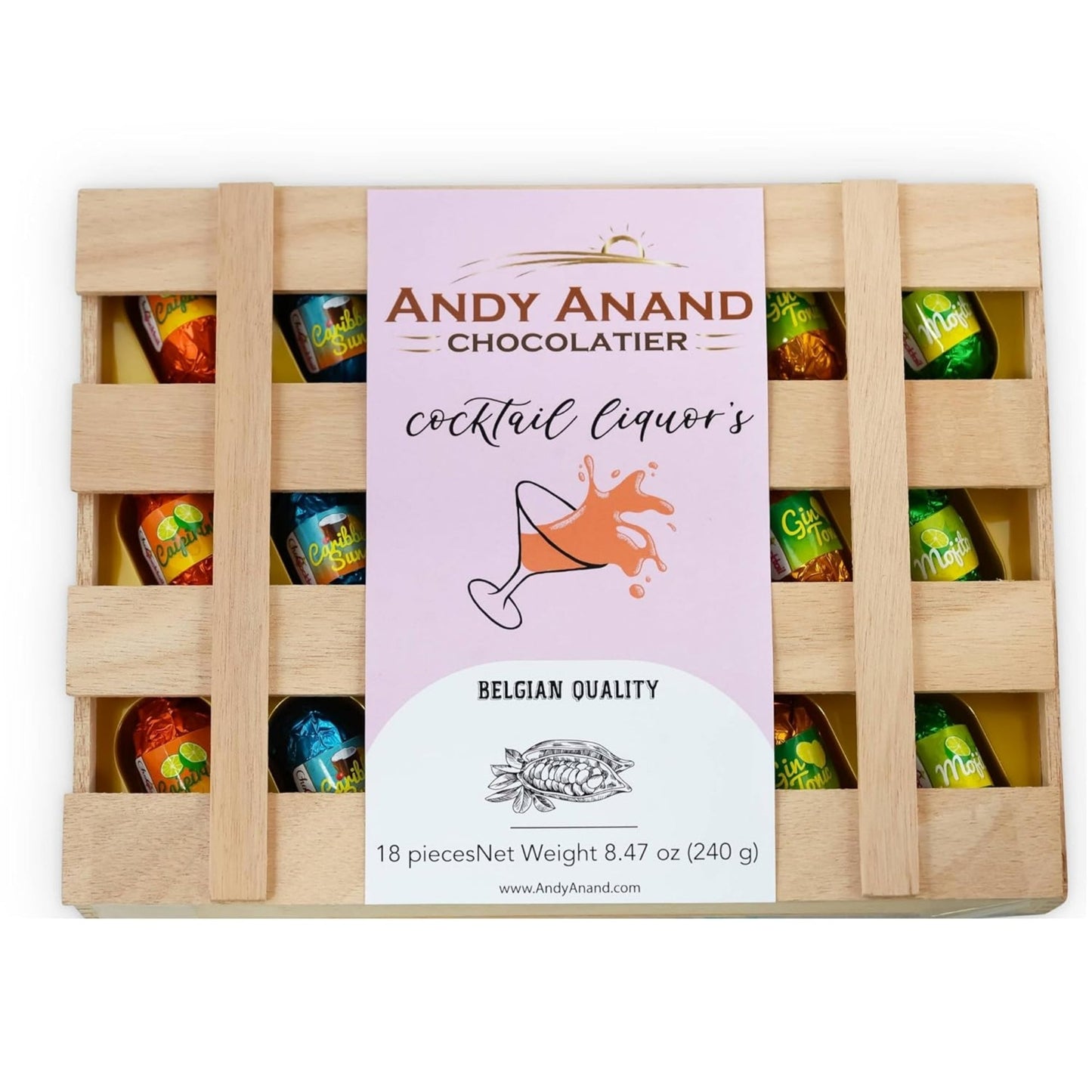 Andy Anand Cocktail-Flavored Vegan Dark Chocolates, 18 pc – Six Non-Alcoholic Flavors, 60% Cocoa Butter, Gluten-Free Birthday Gift Box