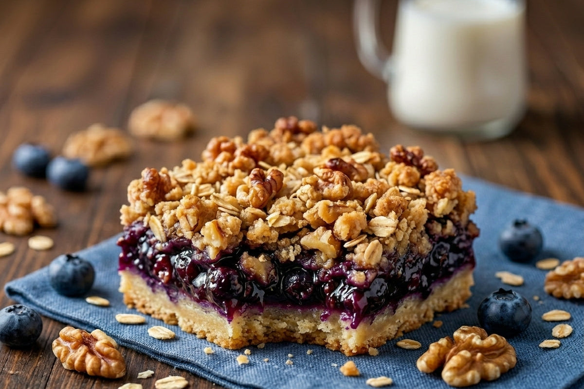 Blueberry crumble bar on a blue napkin with walnuts and a glass of milk in the background.