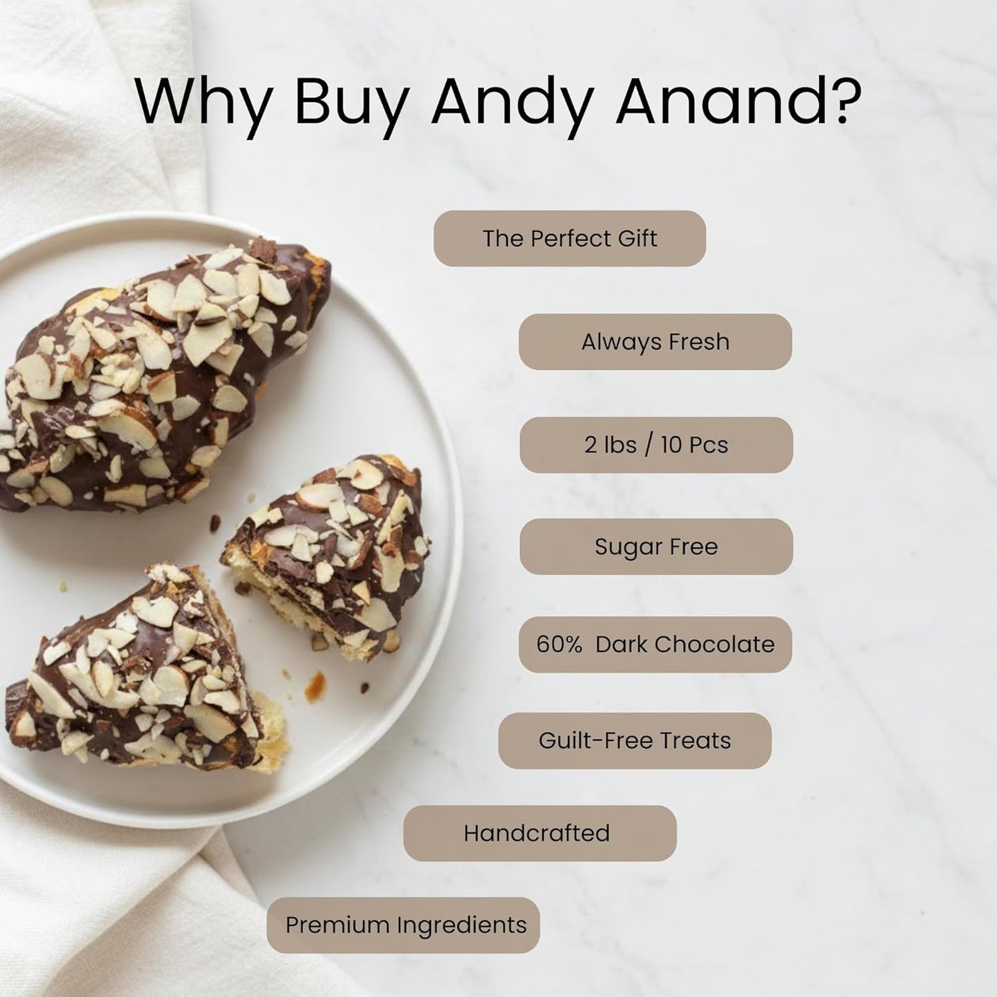 Andy Anand Sugar-Free Dark Chocolate Almond Croissant Cake, 10 pc, 2 lb – Keto & Diabetic-Friendly, Hand-Rolled, Birthday & Holiday Gift