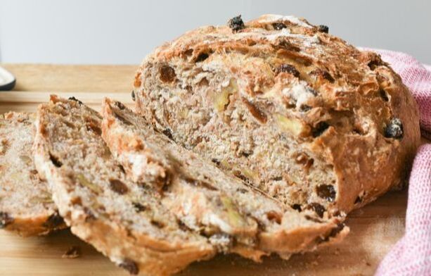 A loaf of No knead raisin walnut bread