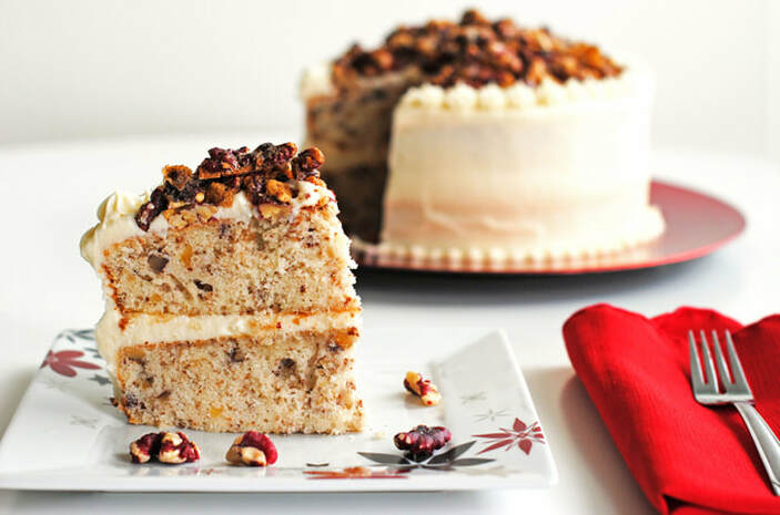 praline cake made with red walnuts and cream cheese frosting