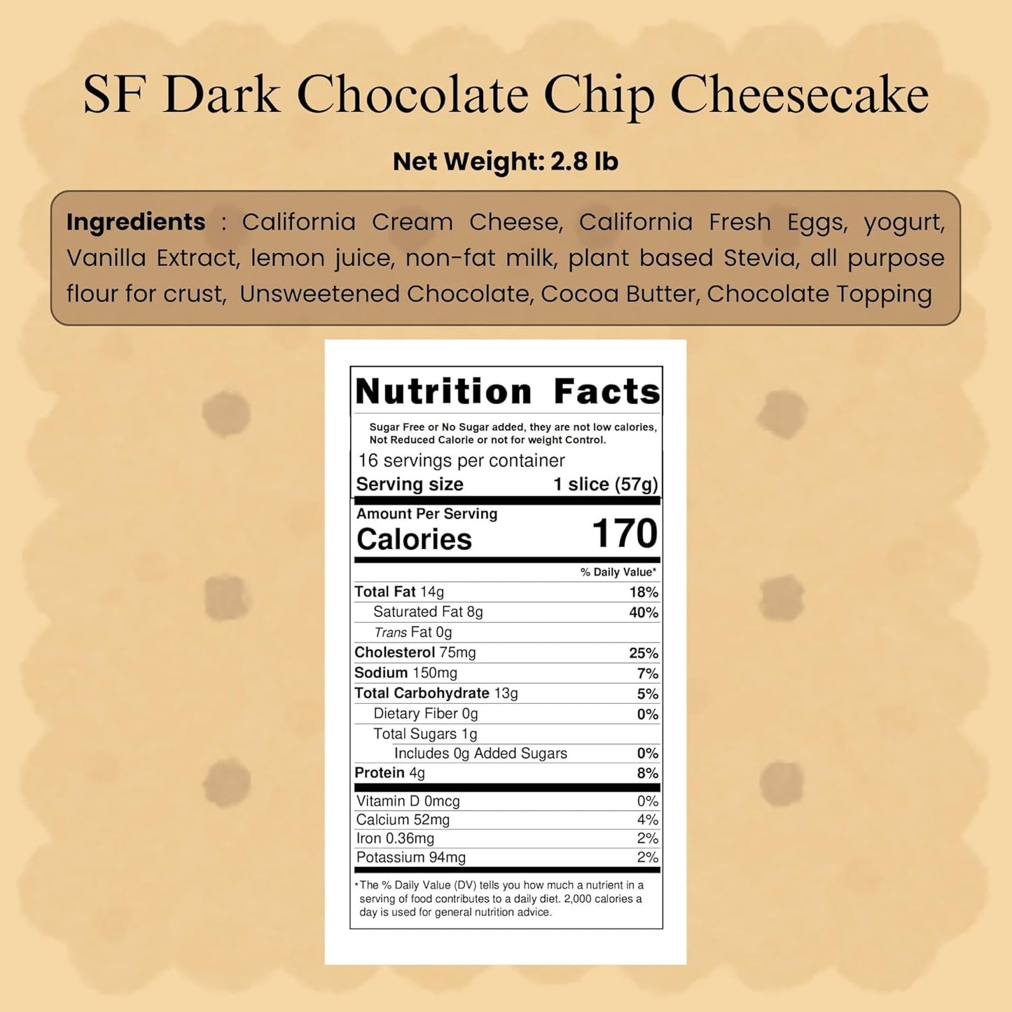 Andy Anand Sugar-Free Dark Chocolate Chip Cheesecake, 9-Inch, 2 lb – Diabetic-Friendly, California Cream Cheese, No Preservatives Gift Box