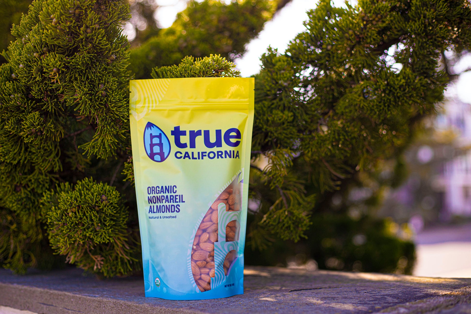 True California Organic Natural Unsalted Raw Nonpareil Almonds in a 1LB package with a tree in the background