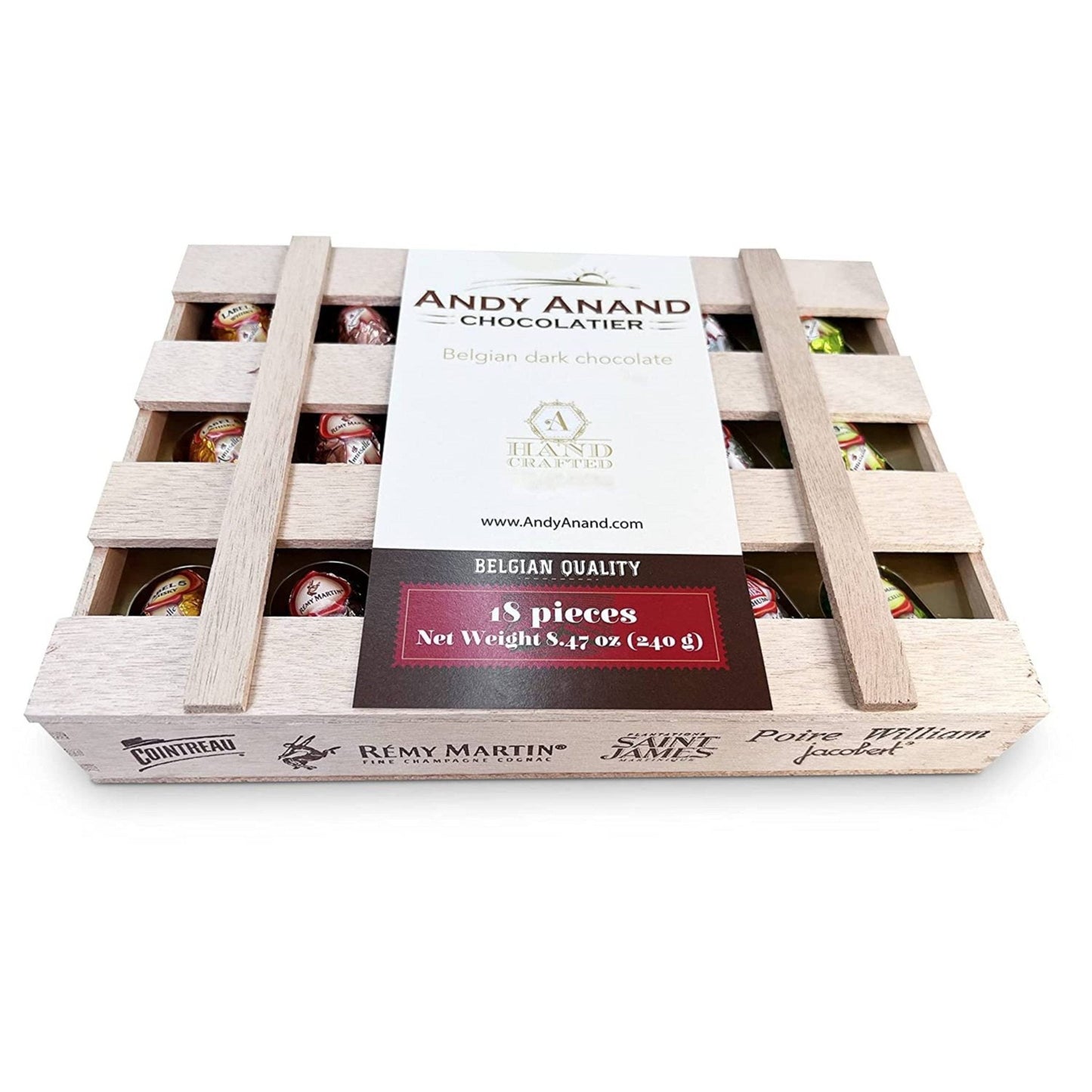 Andy Anand European Dark Chocolate Bottles with Non-Alcoholic Cordials, 18 pc, 8.74 oz – Wooden Gift Box, Birthday & Holiday Gourmet Gift