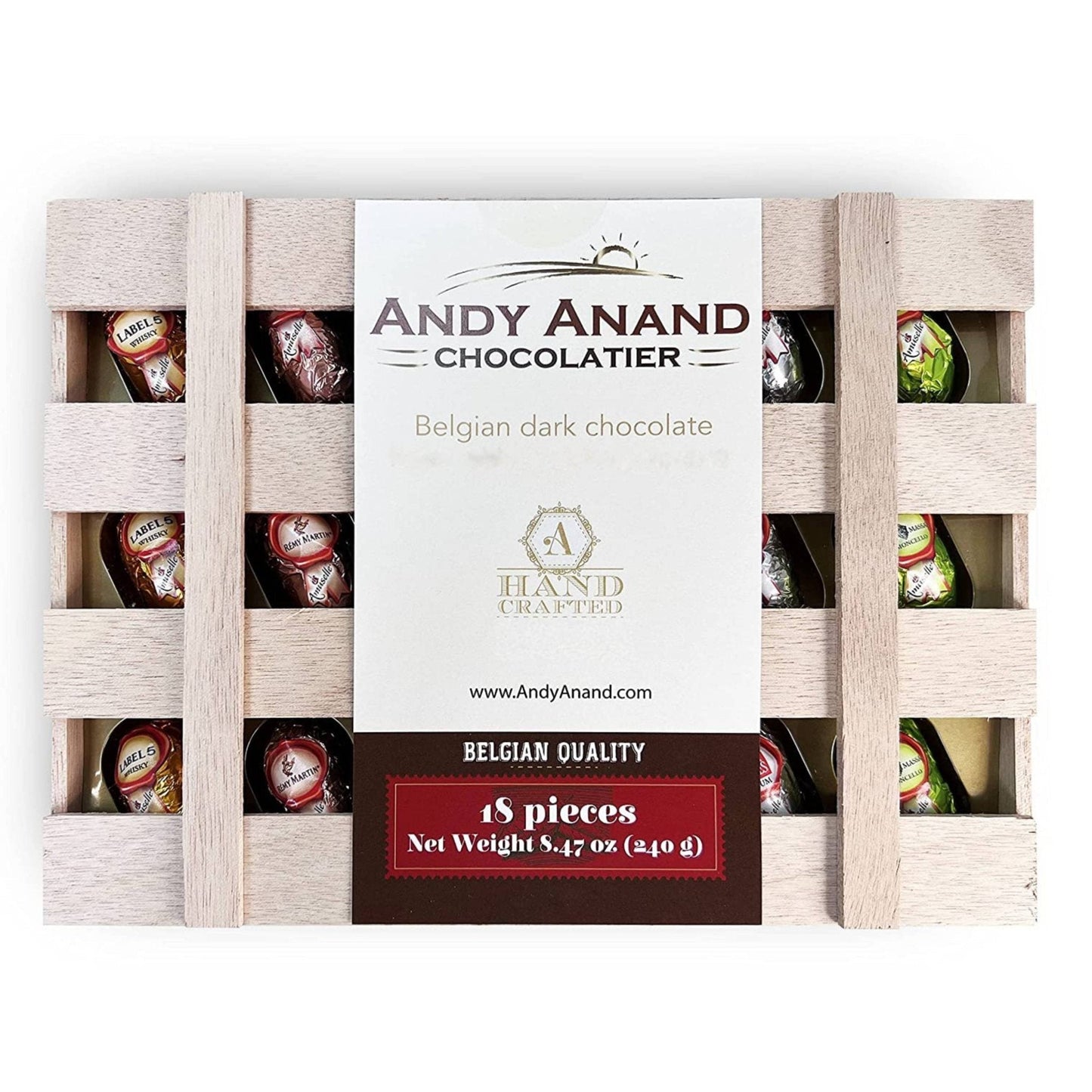 Andy Anand European Dark Chocolate Bottles with Non-Alcoholic Cordials, 18 pc, 8.74 oz – Wooden Gift Box, Birthday & Holiday Gourmet Gift