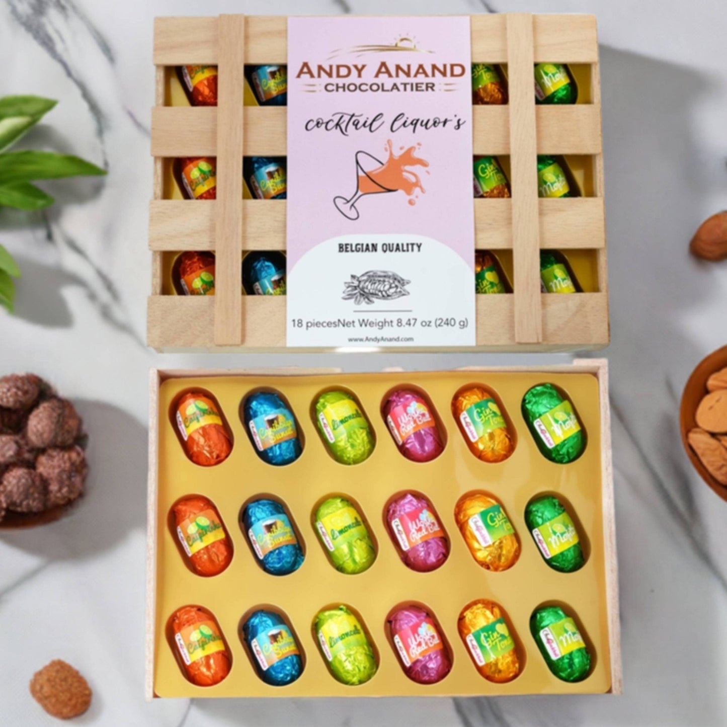 Andy Anand Cocktail-Flavored Vegan Dark Chocolates, 18 pc – Six Non-Alcoholic Flavors, 60% Cocoa Butter, Gluten-Free Birthday Gift Box