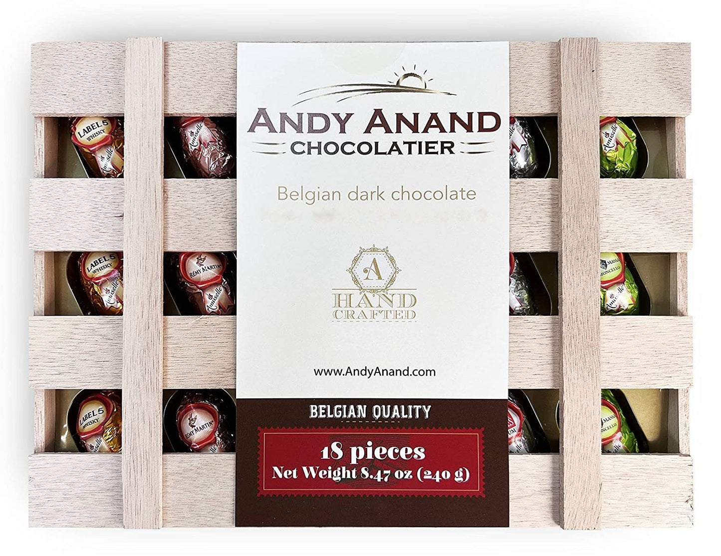 Andy Anand European Vegan Dark Chocolate Cocktail Bottles, 18 pc – Non-Alcoholic, Wooden Gift Box, 60% Cacao, Birthday & Holiday Gift
