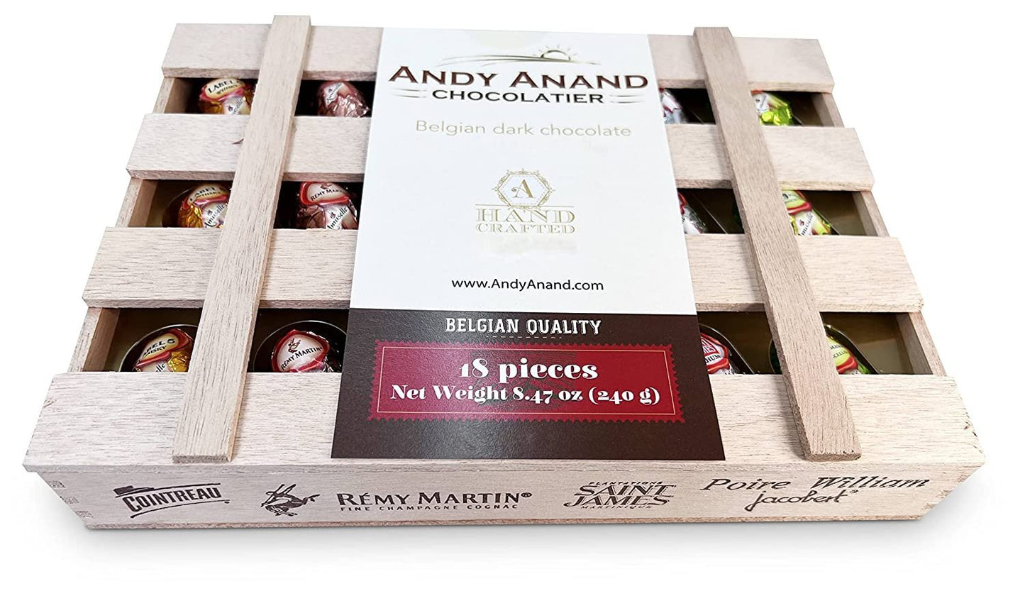 Andy Anand European Vegan Dark Chocolate Cocktail Bottles, 18 pc – Non-Alcoholic, Wooden Gift Box, 60% Cacao, Birthday & Holiday Gift