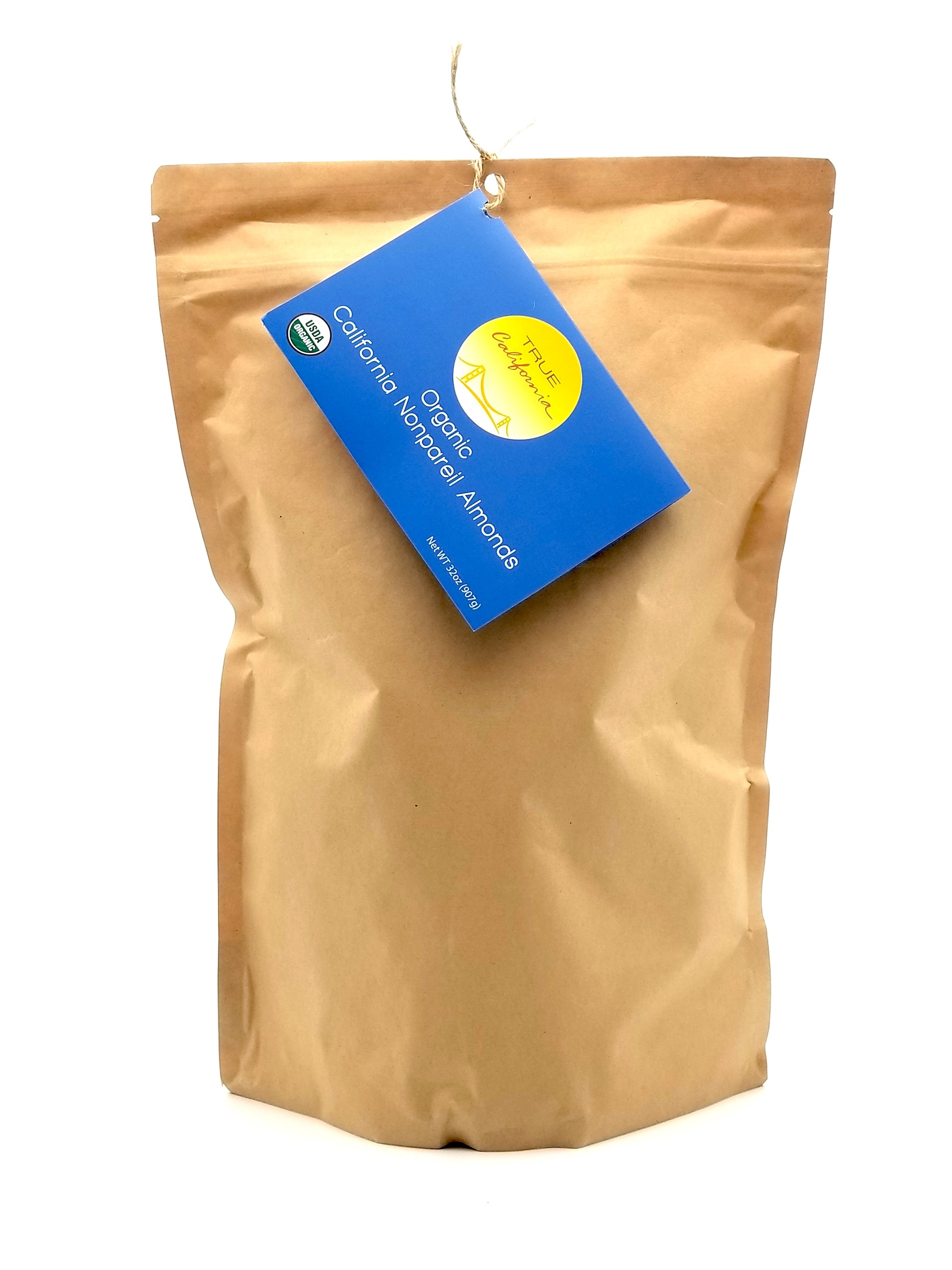 True California Organic Natural Unsalted Nonpareil Almonds in a compostable 2LB bag